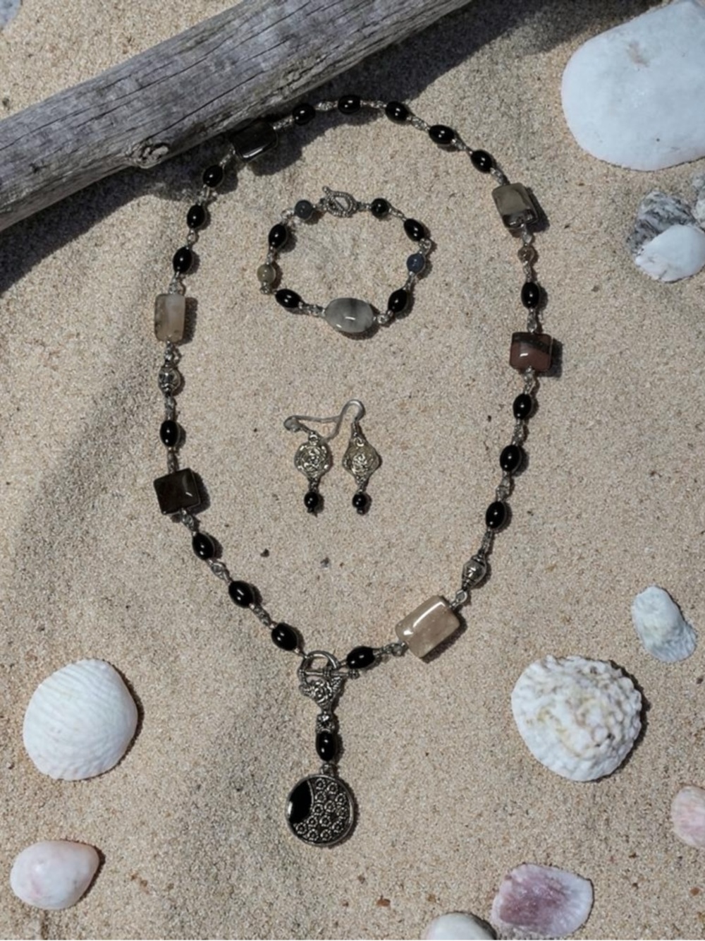 Elegant Black Stone with assorted Gem stones and Silver three piece Jewelry Set